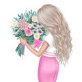 Beautiful brunette with a bouquet of flowers. Fashion illustration.