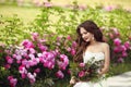 Beautiful brunette bride outdoor portrait. Woman with wedding bo Royalty Free Stock Photo