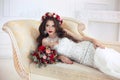 Beautiful brunette Bride wedding Portrait. Red lips makeup. Long