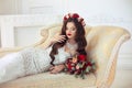 Beautiful brunette Bride wedding Portrait. Red lips makeup. Long Royalty Free Stock Photo