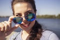 Beautiful brunette caucasian pregnant woman on summer walk outdo Royalty Free Stock Photo