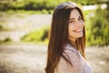 Beautiful brunette caucasian young woman laughting showing perfe Royalty Free Stock Photo