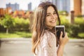 Beautiful brunette caucasian young woman laughting showing perfe Royalty Free Stock Photo