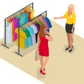 Beautiful brunette doing shopping in clothes store. Shopping time. Woman at the checkout makes shopping. Flat 3d