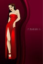 Beautiful brunette in an elegant long dress on a dark red background.