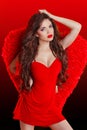 Beautiful brunette fashion girl model posing in red dress with w Royalty Free Stock Photo