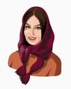 Beautiful brunette girl in a burgundy carf. A very nice girl looks straight and smiles. Burgundy Shawl. Emotion woman