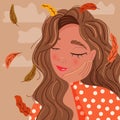 Beautiful brunette girl leaning on her hand with closed eyes, daydreaming, with autumn leaves falling and clouds. Royalty Free Stock Photo