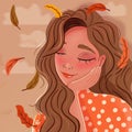 Beautiful brunette girl leaning on her hand with closed eyes, daydreaming, with autumn leaves falling and clouds.