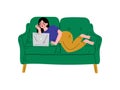 Beautiful Brunette Girl Lying On Sofa with Laptop, Young Woman Working or Relaxing at Home Using Computer Vector Royalty Free Stock Photo