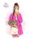 Beautiful brunette girl making selfie. Fashion look. Pretty girl with flowers. Fashion illustration.