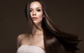 Beautiful brunette girl in move with a perfectly smooth hair, and classic make-up. Beauty face. Royalty Free Stock Photo