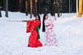 Beautiful brunette girls in a japanese kimono