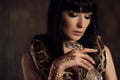 Beautiful and mysterious brunette in a gold dress and with a snake