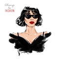 Beautiful brunette hair woman with red lips. Fashion sketch. Pretty girl in sunglasses. Royalty Free Stock Photo