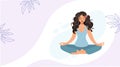 Beautiful brunette in the lotus position. Vector illustration, banner, card of a meditating girl, woman. Harmony Royalty Free Stock Photo