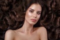 Beautiful brunette model: curls, classic makeup and full lips. The beauty face. Royalty Free Stock Photo