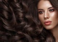 Beautiful brunette model: curls, classic makeup and full lips. The beauty face. Royalty Free Stock Photo