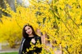 Beautiful brunette near the yellow foliage. Cute beautiful smile woman walking in yellow autumn park. The girl in near the tree Royalty Free Stock Photo