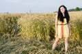 Beautiful brunette over summer rye field background Royalty Free Stock Photo