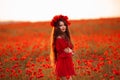 Beautiful brunette in red poppies field. Happy smiling teen girl portrait with wreath on head enjoying in poppy flowers nature bac Royalty Free Stock Photo