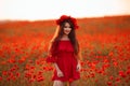 Beautiful brunette in red poppies field. Happy smiling teen girl portrait with wreath on head enjoying in poppy flowers nature bac Royalty Free Stock Photo