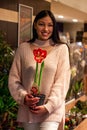 Beautiful  smiling girl is holding a red flower pot in the supermarket. She is wearing light sweater Royalty Free Stock Photo