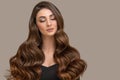 Beautiful brunette with wavy shiny hair. Grey background Royalty Free Stock Photo