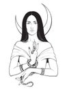 Beautiful brunette witch with serpent in her hands and crescent moon above her head line art and dot work. Boho chic tattoo, poste