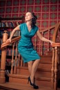 Beautiful brunette woman in the library. old style photo