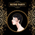 Beautiful brunette woman profile, flapper girl, retro party card, twenties style, 1920s art deco ornament pattern, vector