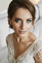 Beautiful brunette woman with wedding hairstyle, with bright makeup and with deep blue eyes. Portrait of the young Royalty Free Stock Photo