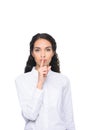 Beautiful brunette woman in white shirt showing silence symbol Royalty Free Stock Photo