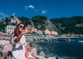 Beautiful brunette young girl lady woman is taking selfie photo Royalty Free Stock Photo