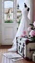 Beautiful bucolic interior with a white wedding dress, pink peonies and old white suitcase