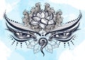 Beautiful Buddha eyes of the Nepal ornate with floral elements. The symbol of wisdom. High-detaled vector art.