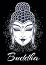 Beautiful Buddha face in black and white colors over decorative hand-drawn ornament around. Vector religious artwork isolated.