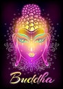 Beautiful Buddha face in neon colors over decorative hand-drawn ornament around. Vector religious artwork isolated.