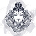 Beautiful Buddha face over high-detailed decorative floral elements. Engraved vector illustration on watercolor background.