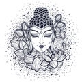 Beautiful Buddha face over high-detailed decorative lotus flowes. Graphic vector illustration isolated on white.