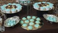 Beautiful buffet with many sweet turquoise snacks, bizet and other cookies