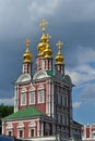 Beautiful building of the Russian Orthodox Church. Covered in gold dome. Crosses and exterior decoration. Love to God Royalty Free Stock Photo