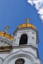 Beautiful building of the Russian Orthodox Church. Covered in gold dome. Crosses and exterior decoration. Love to God Royalty Free Stock Photo