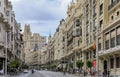 Beautiful buildings on the famous Gran Via shopping street and people walking in the center of the city in Madrid, Spain Royalty Free Stock Photo