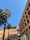 Beautiful buildings and palm trees on blue sky, colorful and rich architecture at Piazza di Spagna, Rome, Italy Royalty Free Stock Photo