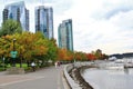 Beautiful buildings, skyline, Autumn tree leaves, fall color, Coal Harbour in Downtown Vancouver, British Columbia Royalty Free Stock Photo