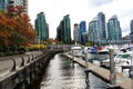 Beautiful buildings, skyline, Autumn tree leaves, fall color, Coal Harbour in Downtown Vancouver, British Columbia