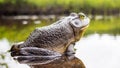 Bull frog who relaxes on the edge of a lake