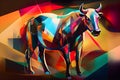 A beautiful bull, modern artwork, abstract colorful painting with geometric shapes. Hand drawn digital painting. Generative AI