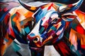 A beautiful bull, modern artwork, abstract colorful painting with geometric shapes. Hand drawn digital painting. Generative AI